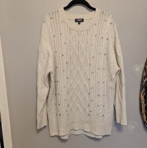 Express London White Open Knit Oversized Rhinestone Sweater